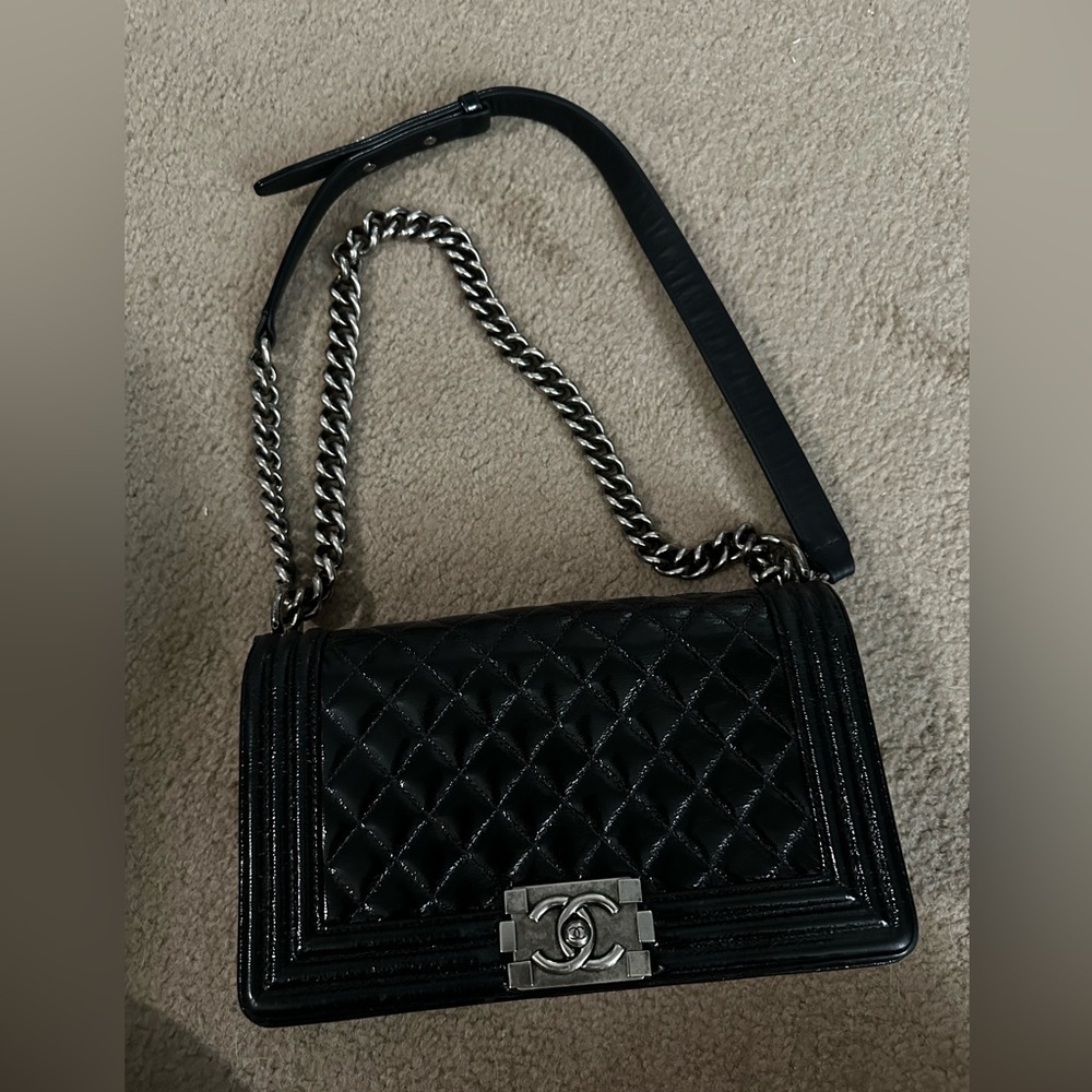 Chanel Boy Authentic Medium Black Patent Leather Bag